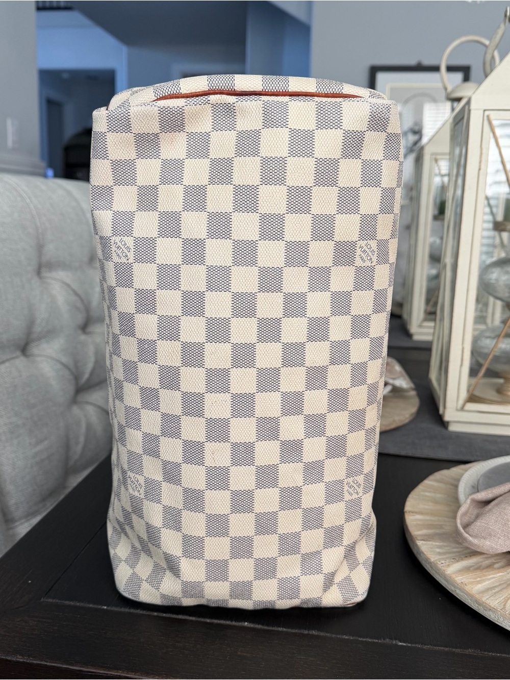 Classic Checkered Travel Bag Speedy 35 in Cream & Gray with Brown Trim - Picture 6 of 15